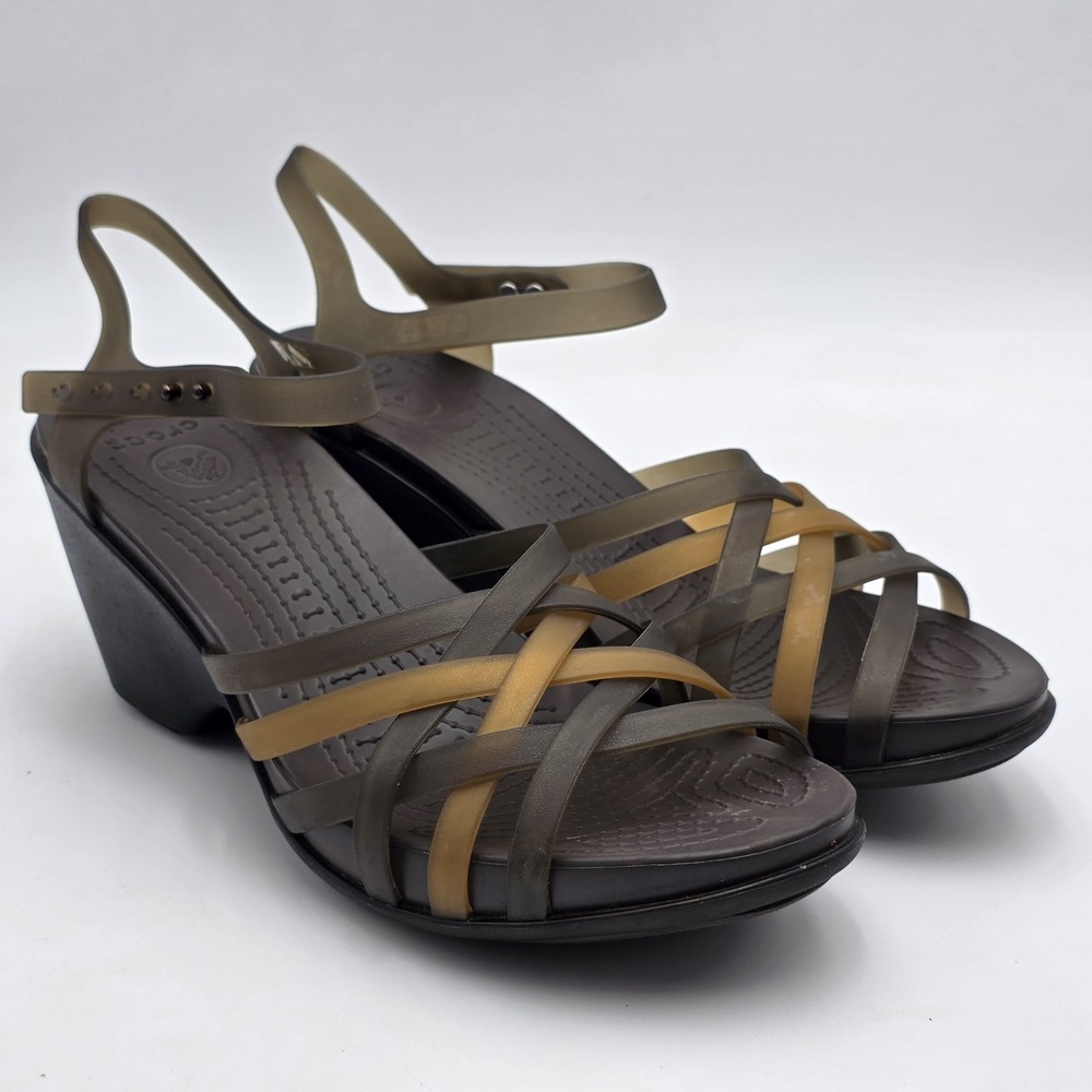 Crocs Huarache Wedge Heel Sandals Womens Size 9 Strappy Espresso Bronze 15392